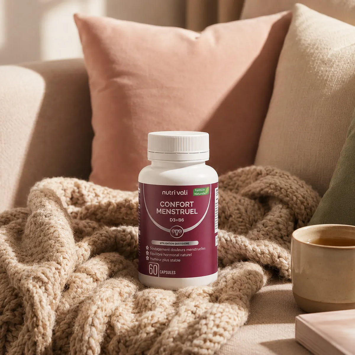 Flacon Nutrivali Confort Menstruel posé sur un plaid dans une ambiance chaleureuse